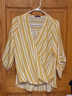 West Kei Yellow White Striped Wrap Blouse Roll Tab Sleeve Boho Top Medium